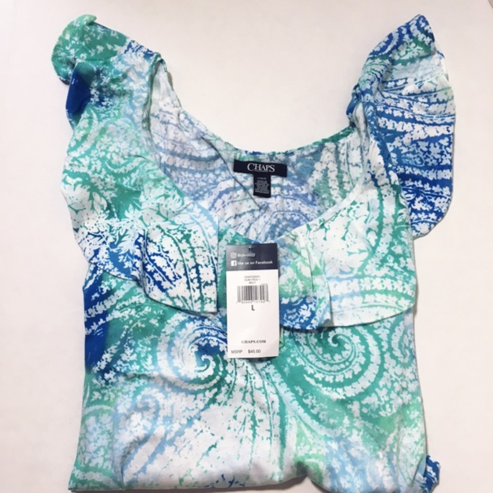 SOLD Chaps Womens Top L XL Blue Green Ruffle - Picture 4 of 6